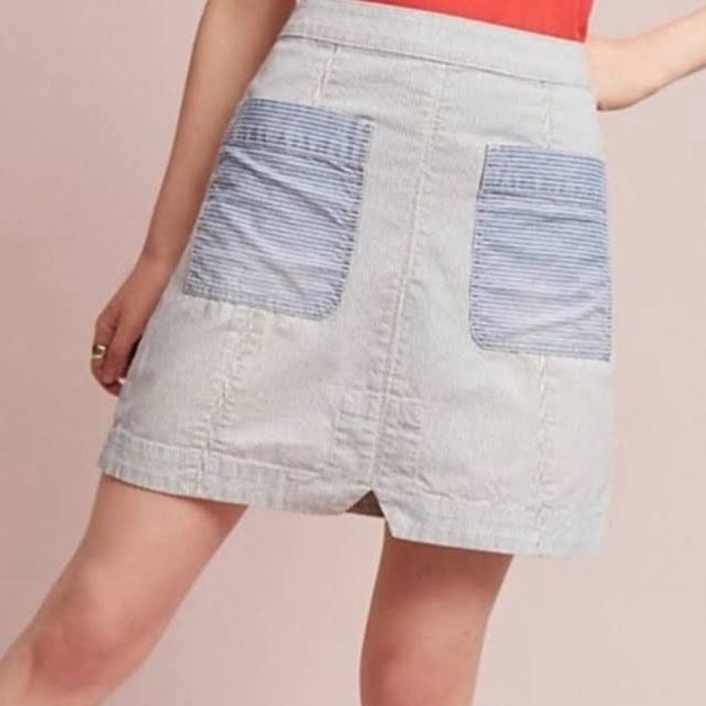 Anthropologie Pilcro Blue Chambray Striped Patch Pocket A-Line Mini Skirt